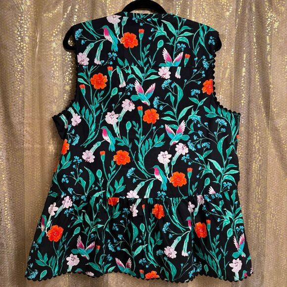 Kate Spade Black Floral Colorful Hummingbird Jardin Poplin Top XL - Picture 2 of 9